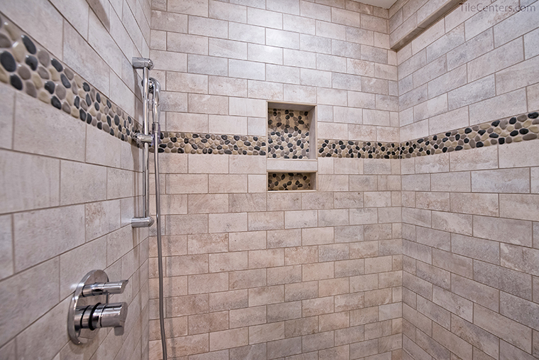 Mix Grey Reconstituted Pebble, Accent Tile In Shower